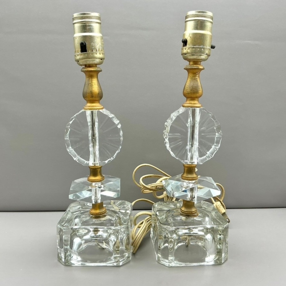 Vintage Crystal Table Lamps Pair Gold Tone Faceted Glass Boudoir Accent 12"